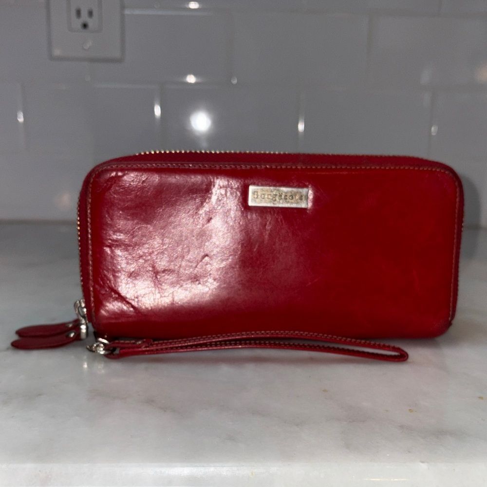 Borgasets Wallet Clutch Red Leather Double  Zip Around Wristlet